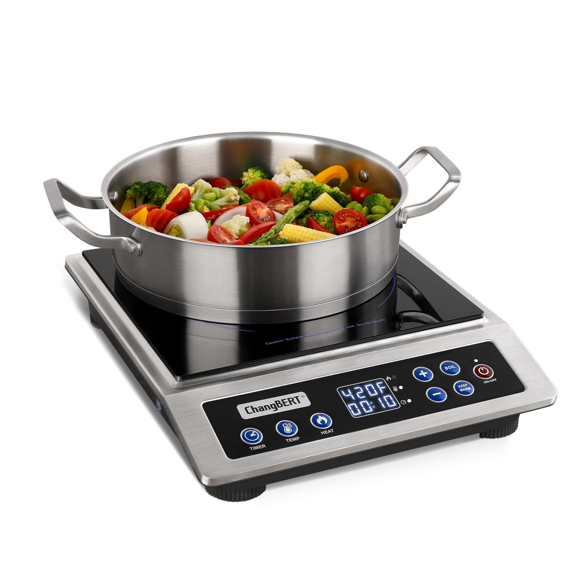 ChangBERT induction burner front view; compact and portable for easy home and dorm kitchen use