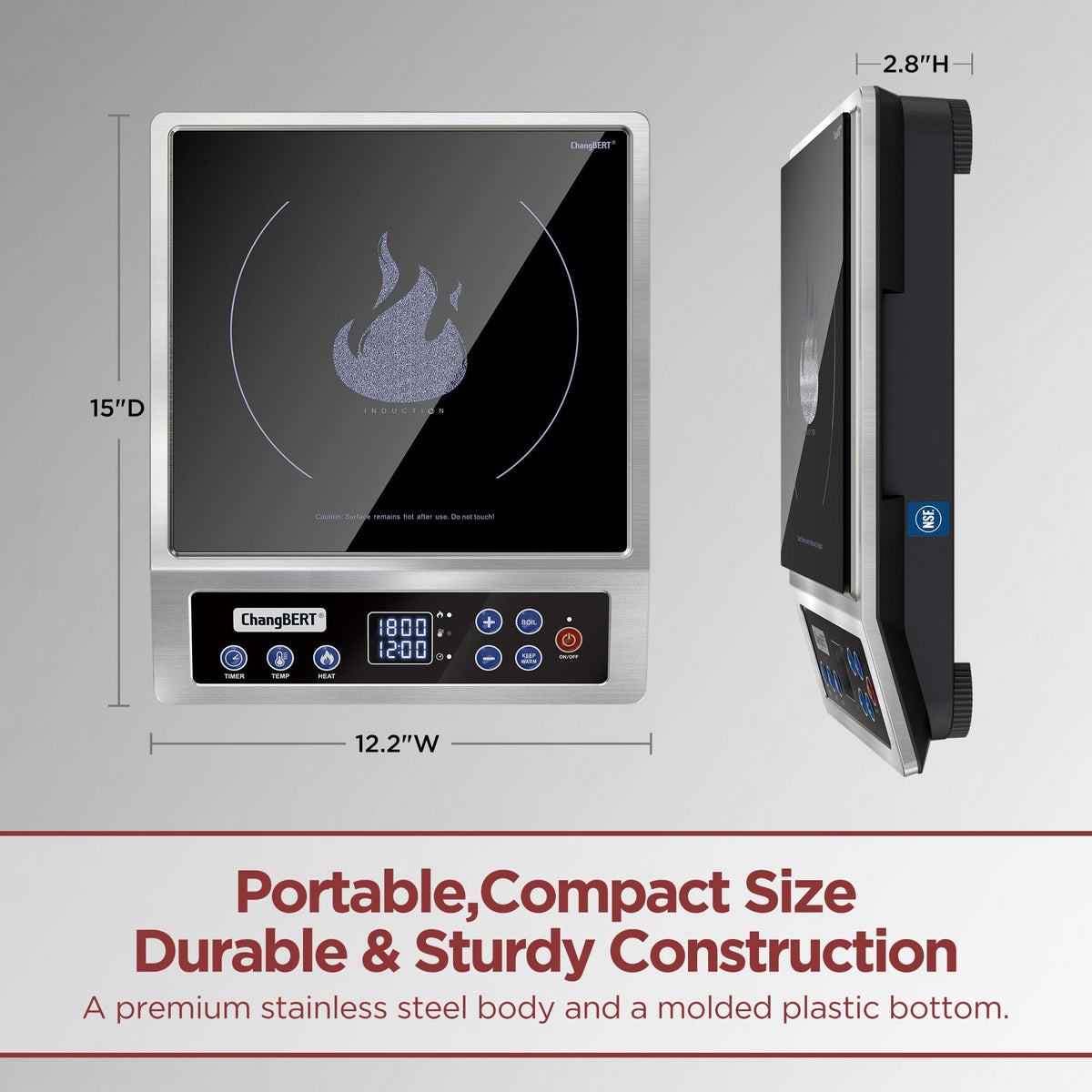 ChangBERT induction burner portable design on countertop; great for small spaces and outdoor cooking