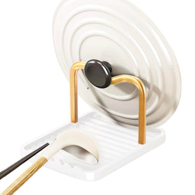 CHANNICORNER anti-rust spoon rest with lid holder in gold and white, durable counter organizer.