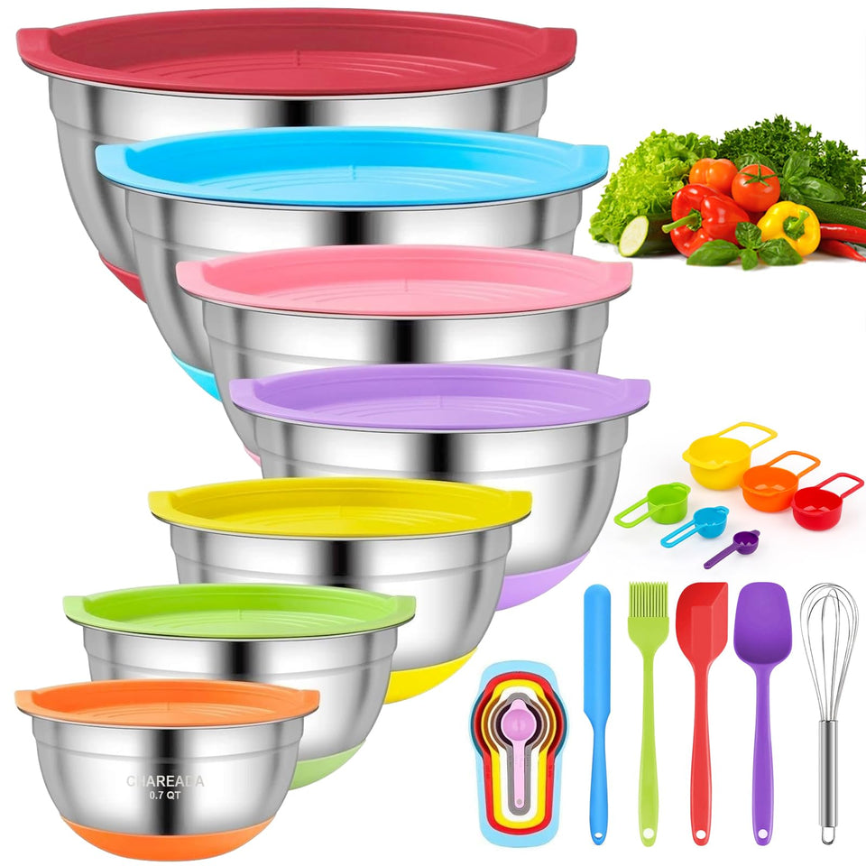 CHAREADA mixing bowls with airtight lids in a compact nesting setup for easy storage.