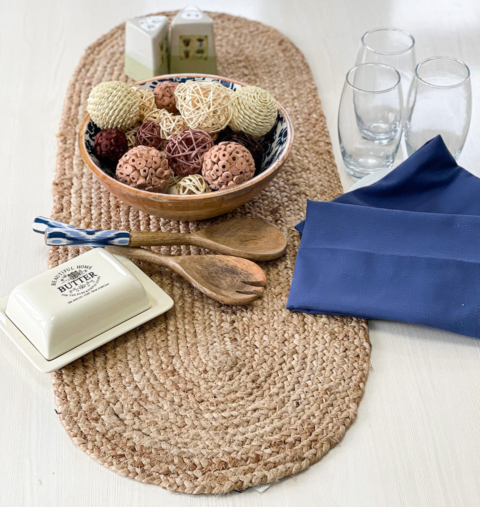 Chardin home jute braided oval table runner closeup texture for rustic tables