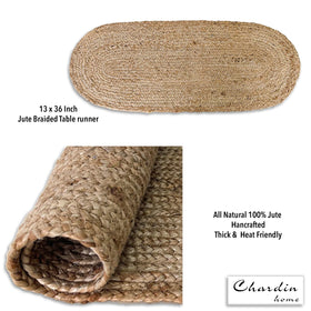Chardin home jute braided oval table runner on countertop with cups