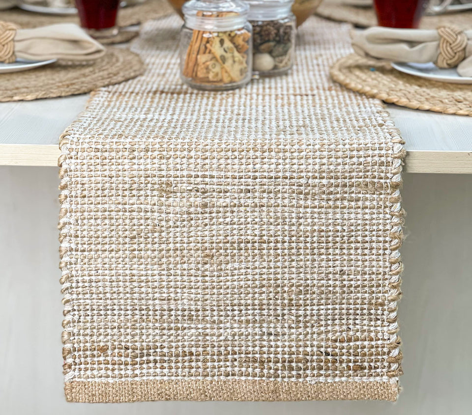 Chardin Home natural jute table runner 13x72 for dining tables, rustic charm.