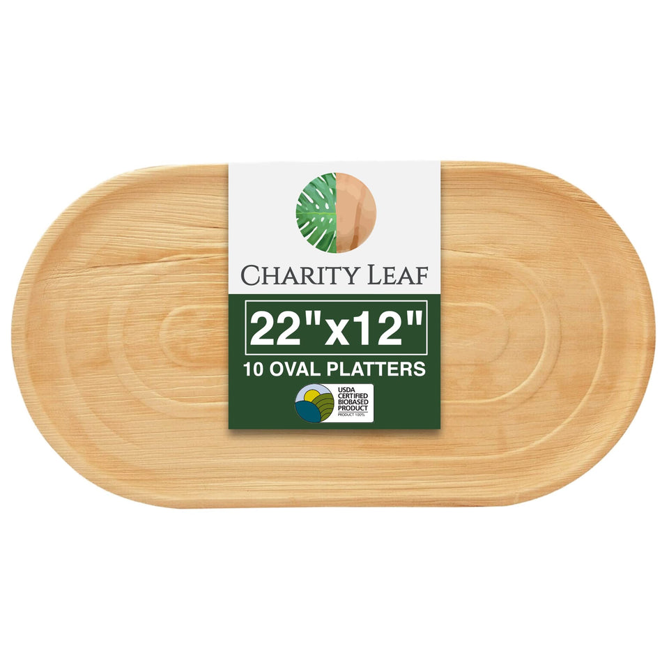 Charity Leaf 10-pack palm leaf tray stack for quick event setup and serving.