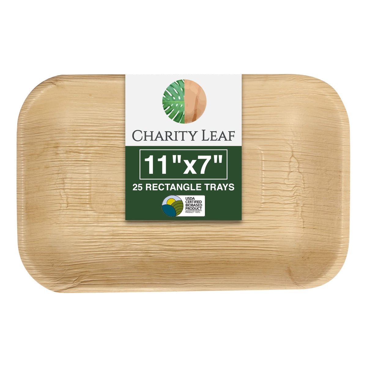 Charity Leaf palm tray front view: durable and compostable for elegant events.