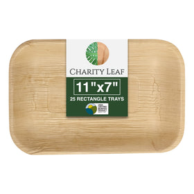 Charity Leaf palm tray front view: durable and compostable for elegant events.