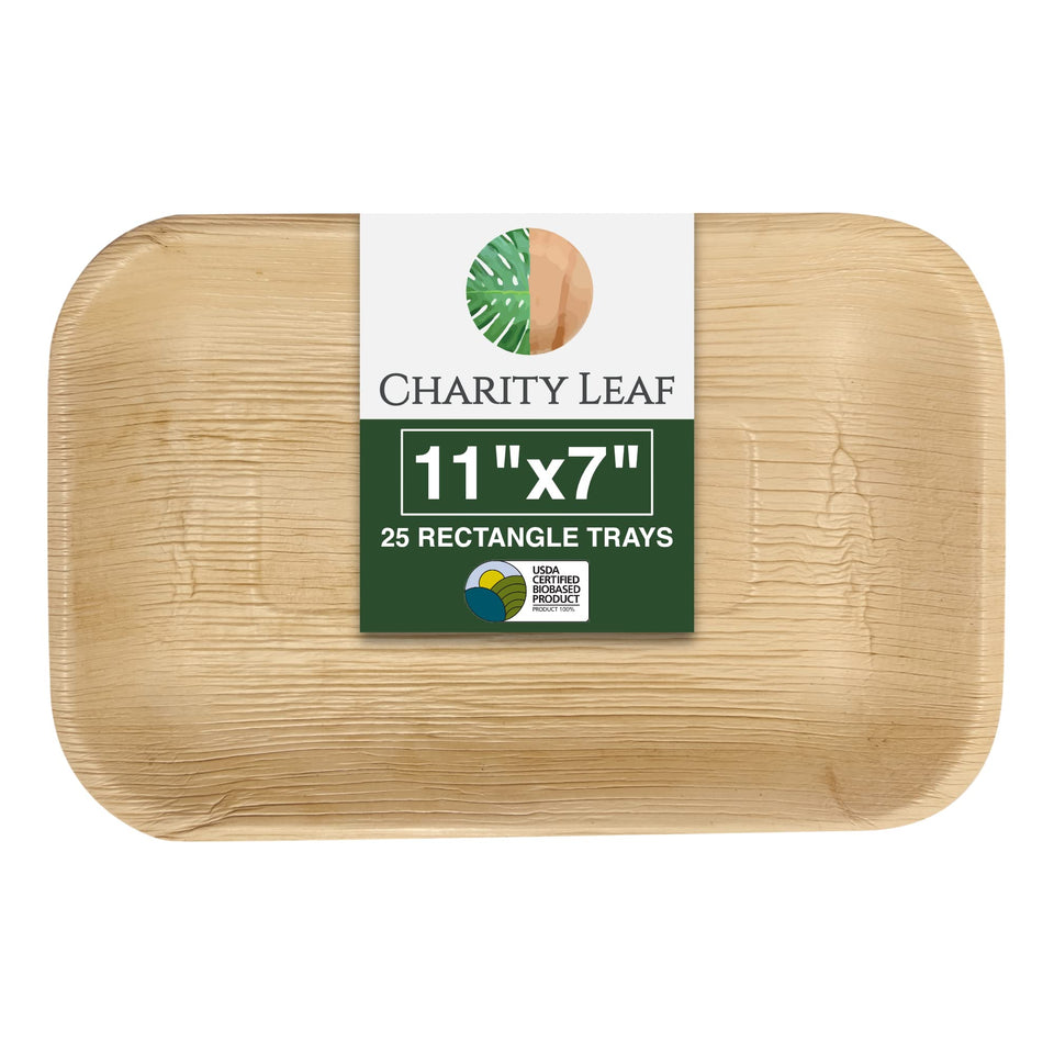 Charity Leaf palm tray front view: durable and compostable for elegant events.