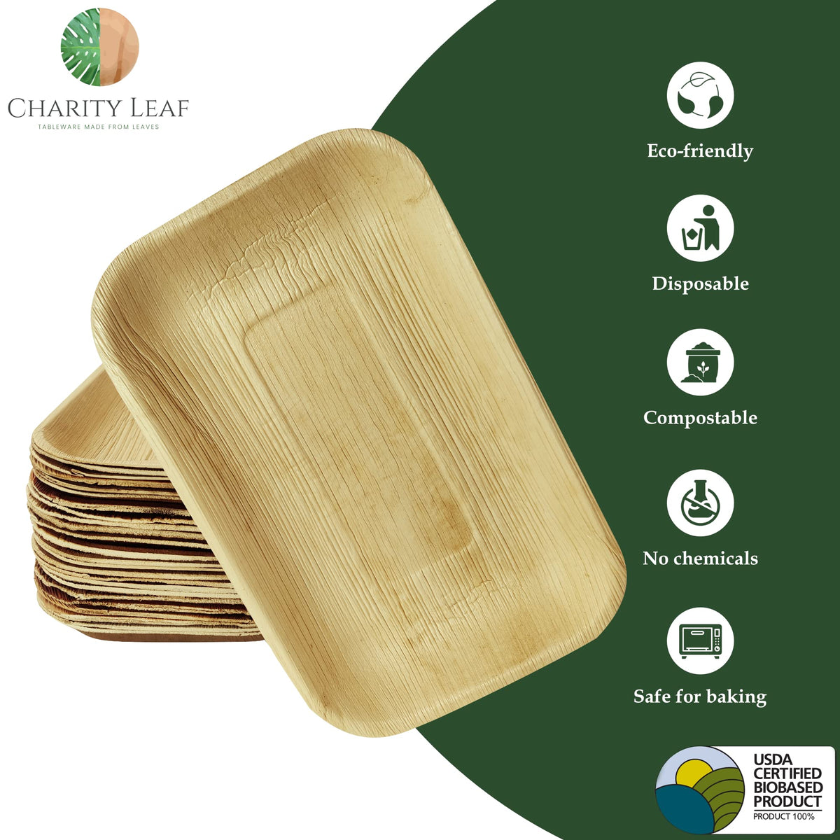 Charity Leaf wedding table tray: stylish palm leaf serving for eco-friendly receptions.