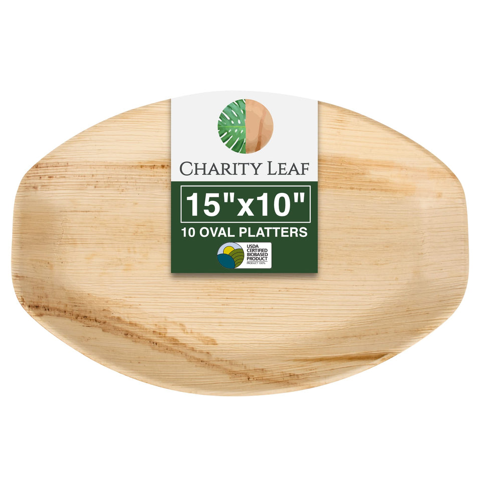Charity Leaf palm leaf trays provide sturdy, eco-friendly dining for events.