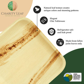 Charity Leaf wedding and catering trays add artisanal charm with natural variation.