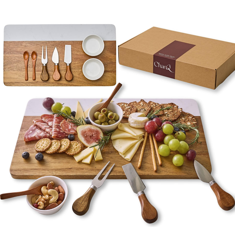 CharQ marble-acacia board top view for stylish entertaining and easy serving.