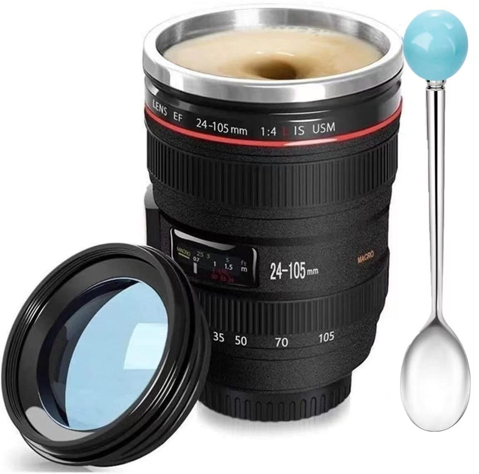 Chasing Y camera-lens mug with retractable lid keeps drinks secure on shoots.