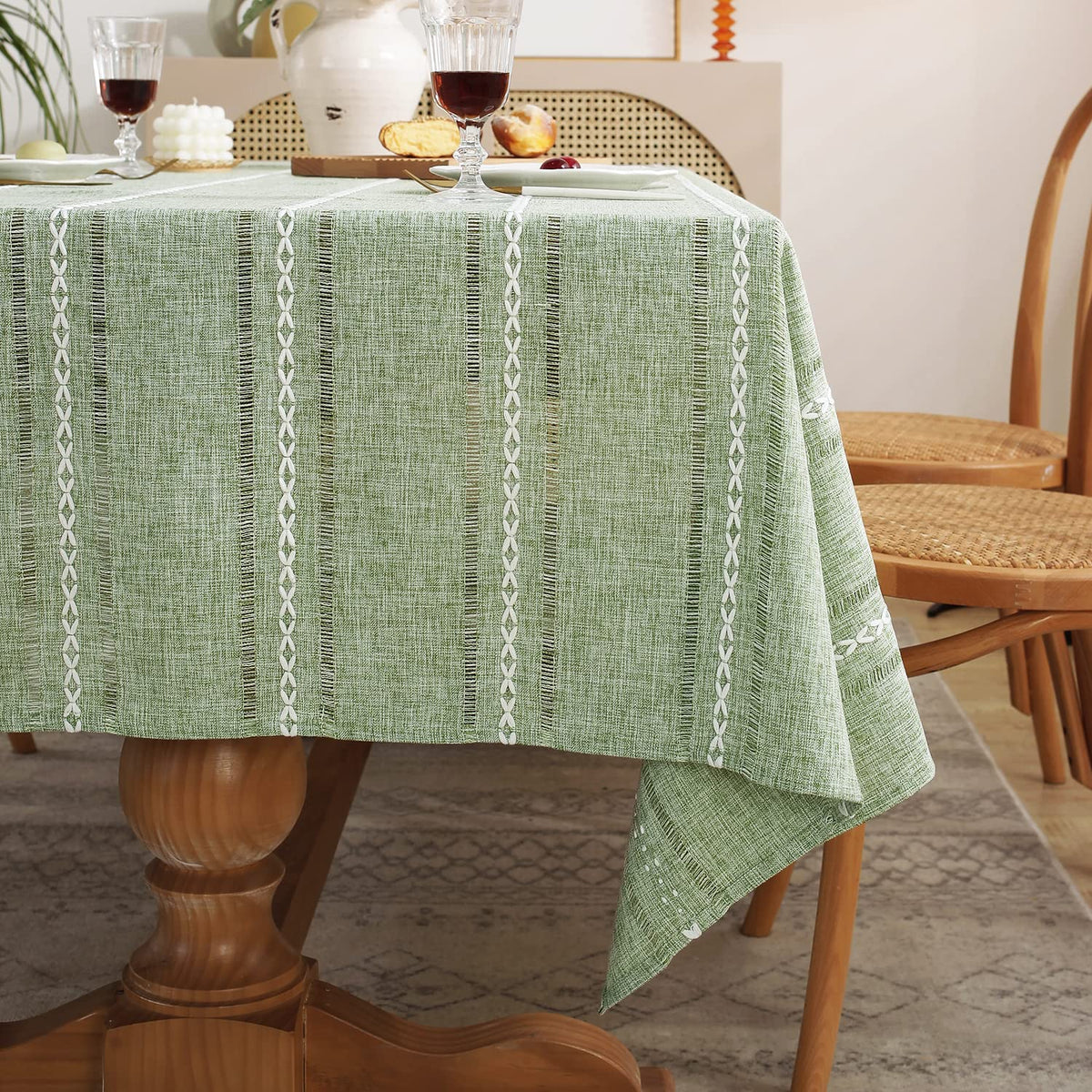 Chassic family dining scene with tablecloth; cozy, inviting meals.