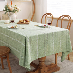 Close-up of Chassic hemstitch detail on the tablecloth edge.