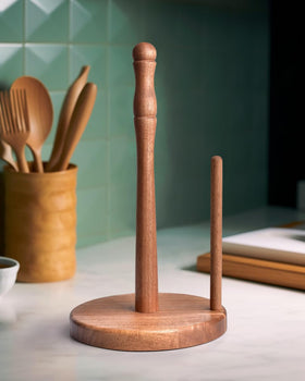 CHAUNCEY HOME Farmhouse acacia paper towel holder with weighted base for stable counter use.