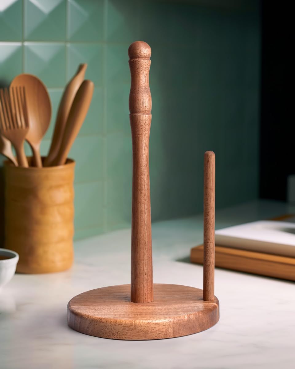 CHAUNCEY HOME Farmhouse acacia paper towel holder with weighted base for stable counter use.