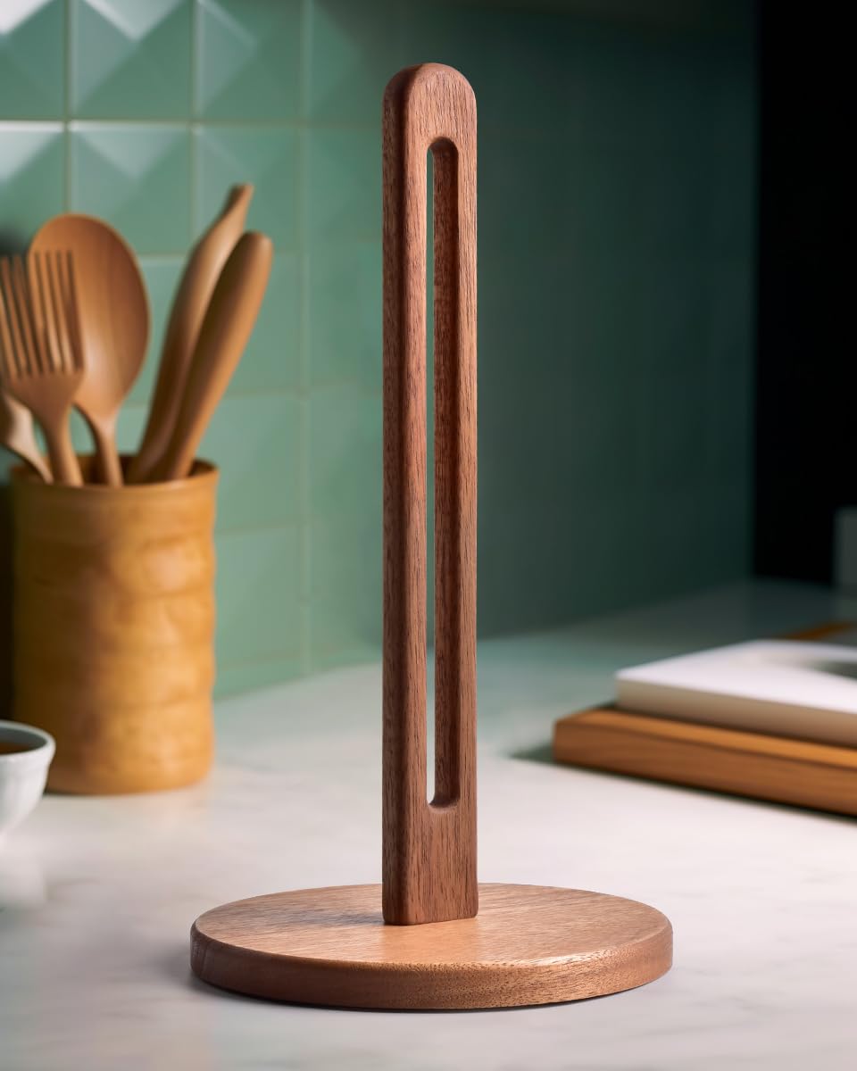 CHAUNCEY HOME Acacia wood paper towel holder base for stable countertops
