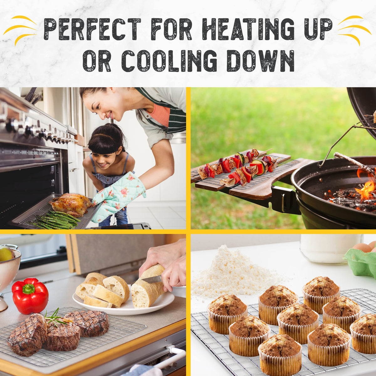 Checkered Chef cooling rack helps drain fat when placed over a pan.