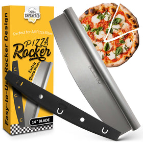 Checkered Chef pizza cutter rocker in action with a sharp stainless blade slicing pizza pieces