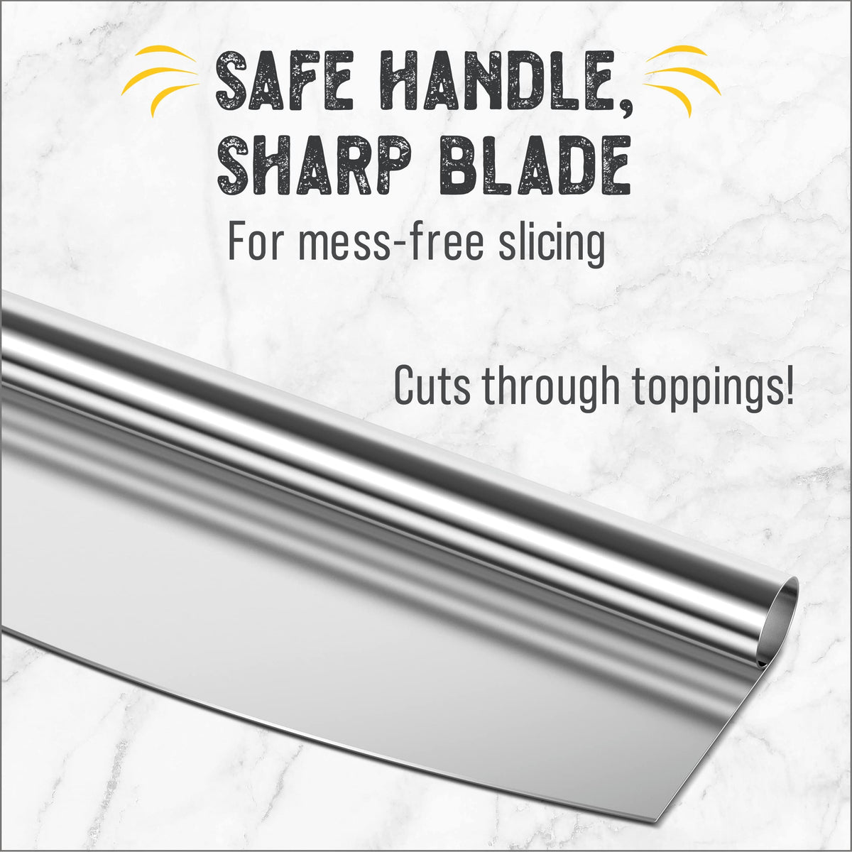 Checkered Chef rocker cuts through toppings cleanly, reducing toppings loss during slicing