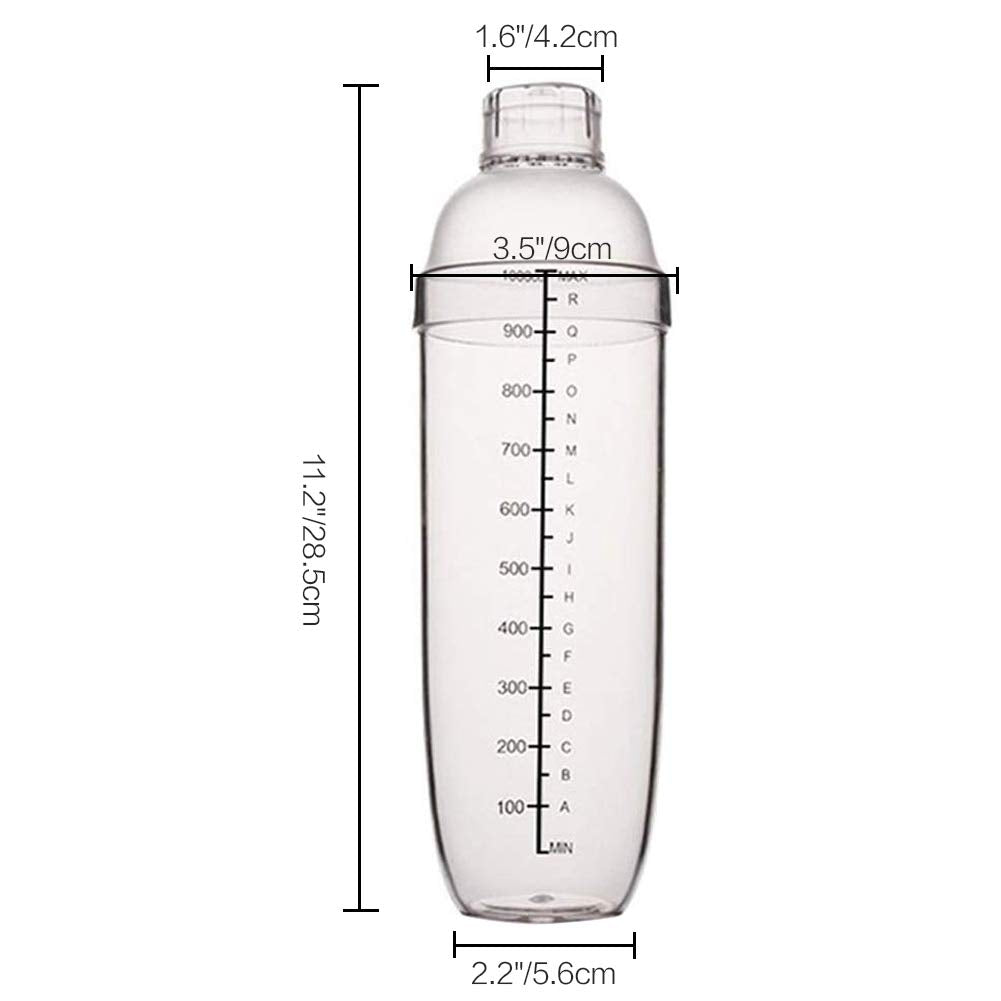 Cheeren plastic cocktail shaker set, side view, 33oz, easy to grip for smooth shaking.