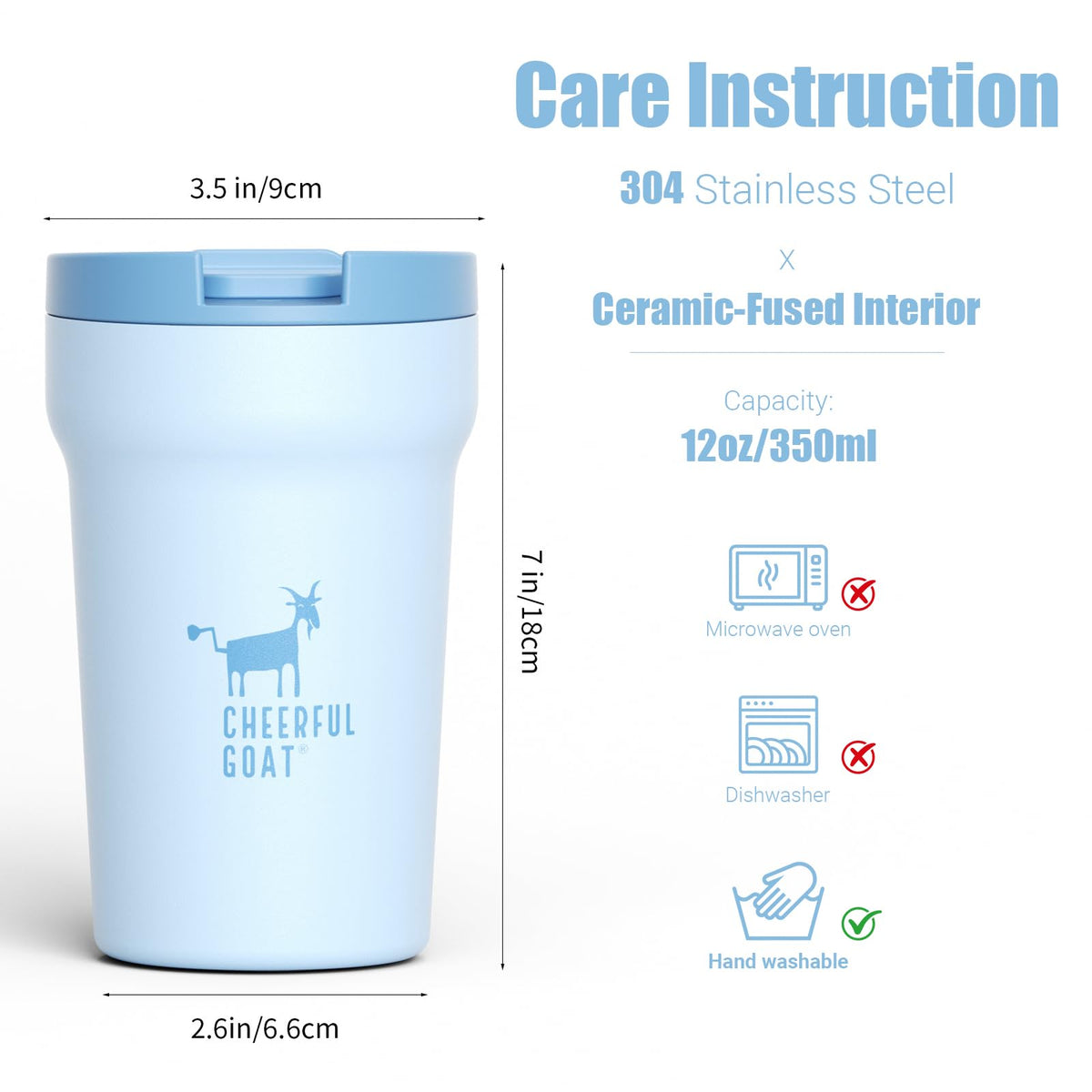 Cheerful Goat 12oz blue coffee tumbler ideal for commuting