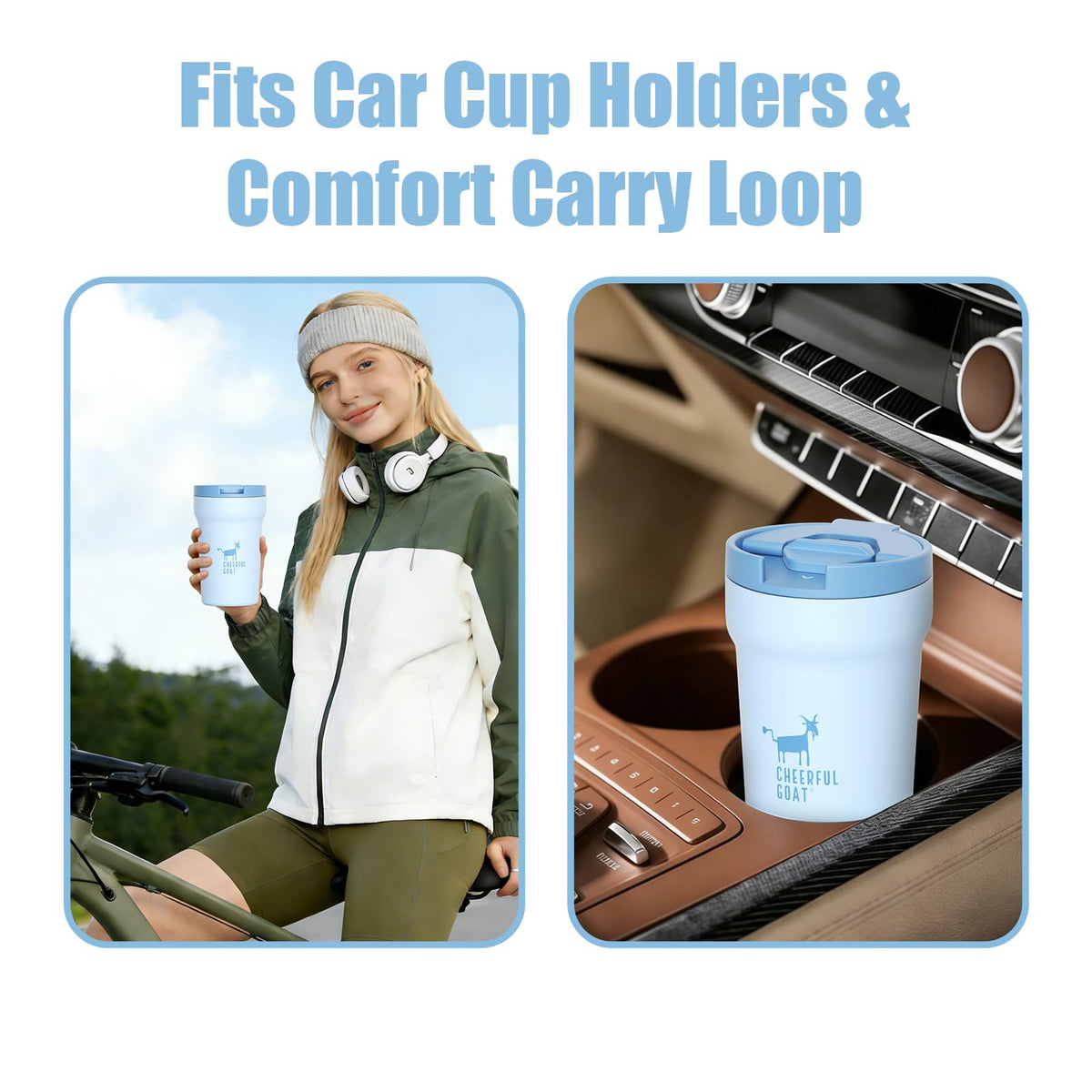 Cheerful Goat compact portable mug fits cup holders and backpacks