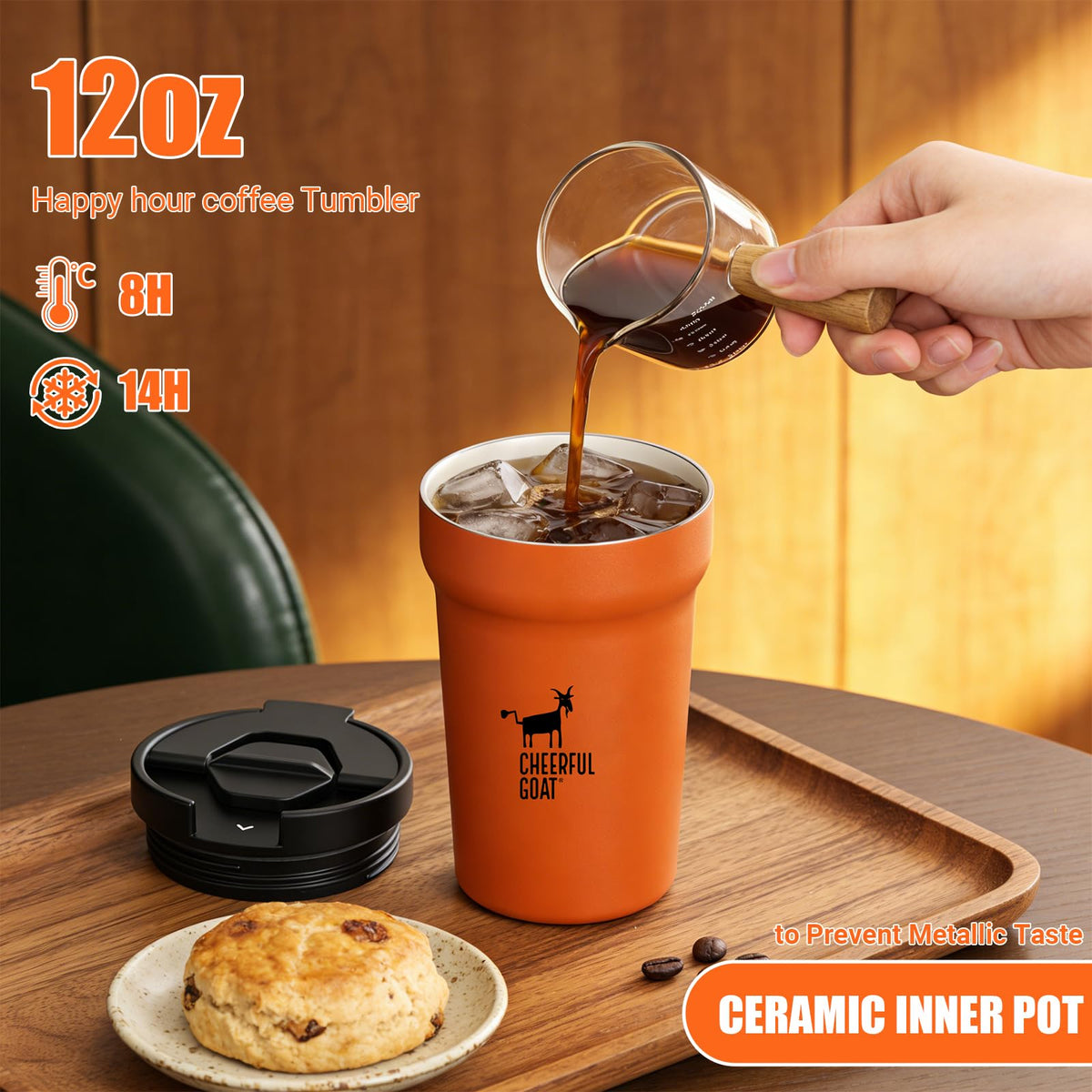 12 oz capacity shown with double-wall construction for temperature stability