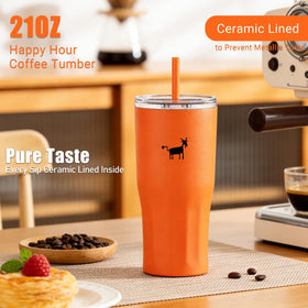 Cheerful Goat orange travel mug in a stylish, portable design