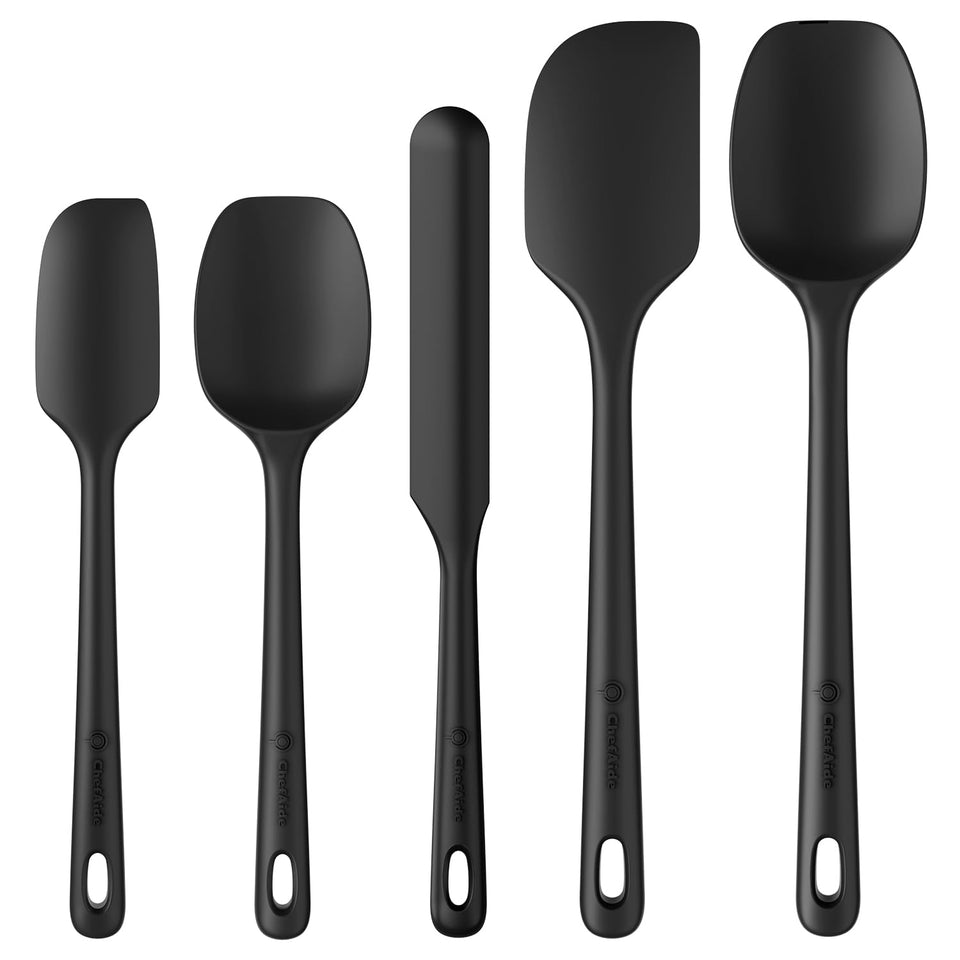 ChefAide 5-piece silicone spatula set displayed together for versatile cooking and easy cleanup