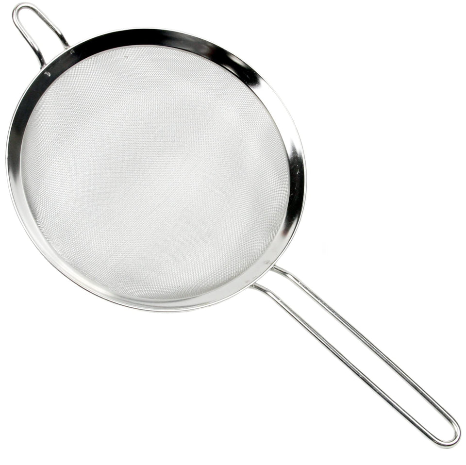 Chef Craft Select mesh strainer resting over a pot, 8-inch diameter for efficient draining