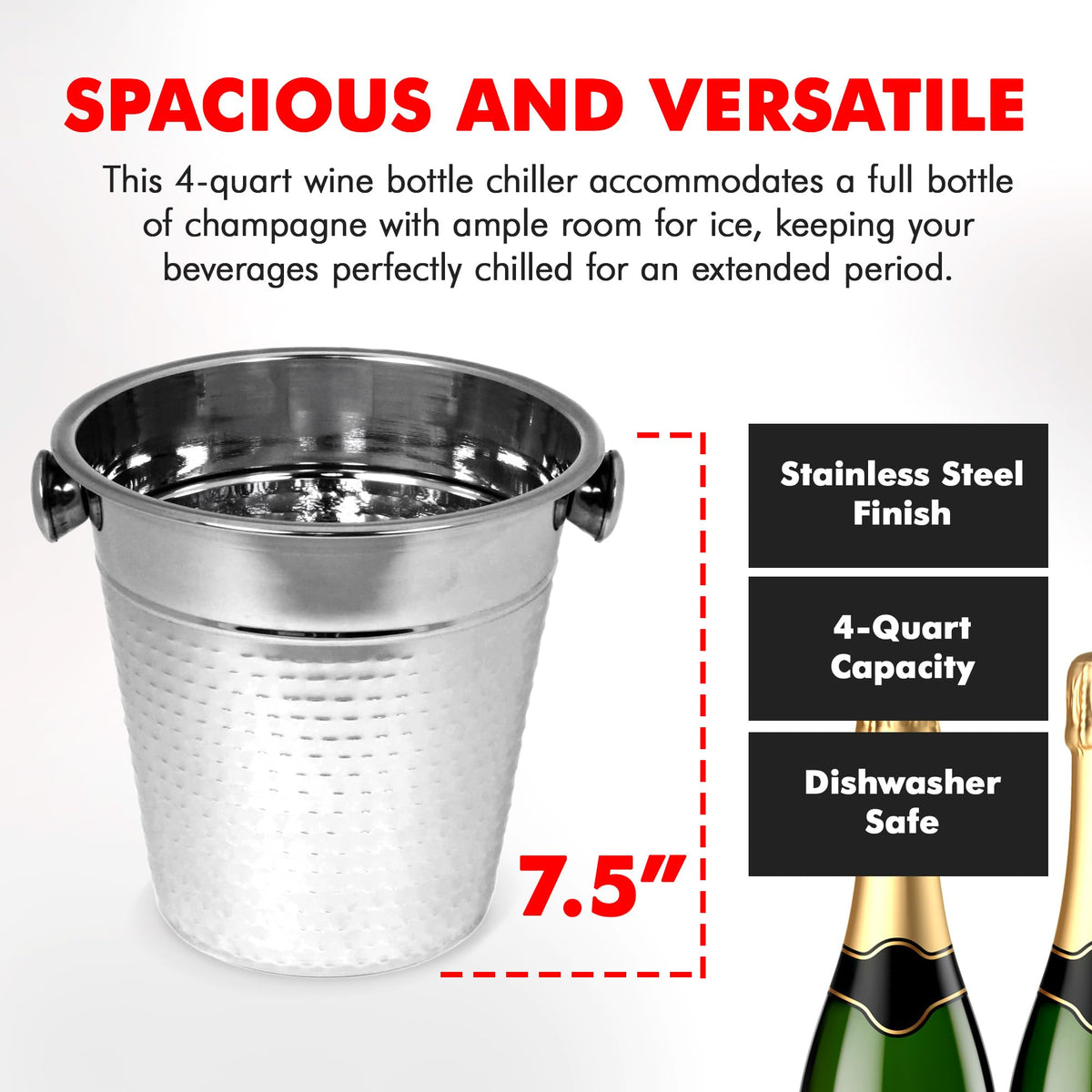 Chef Craft stainless champagne bucket keeps bottles cool with ice ready for serving.