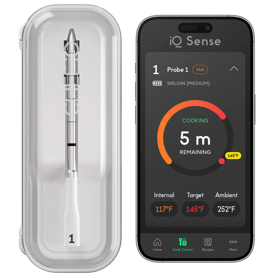CHEF iQ Sense ultra-thin probe showing precise internal temperature for juicy results.