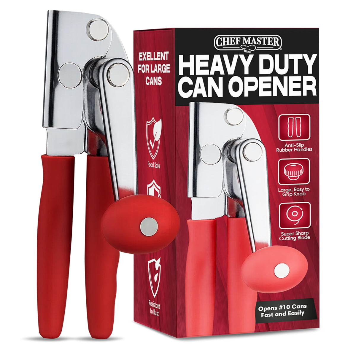 Chef Master commercial can opener with ergonomic handle for comfortable everyday use