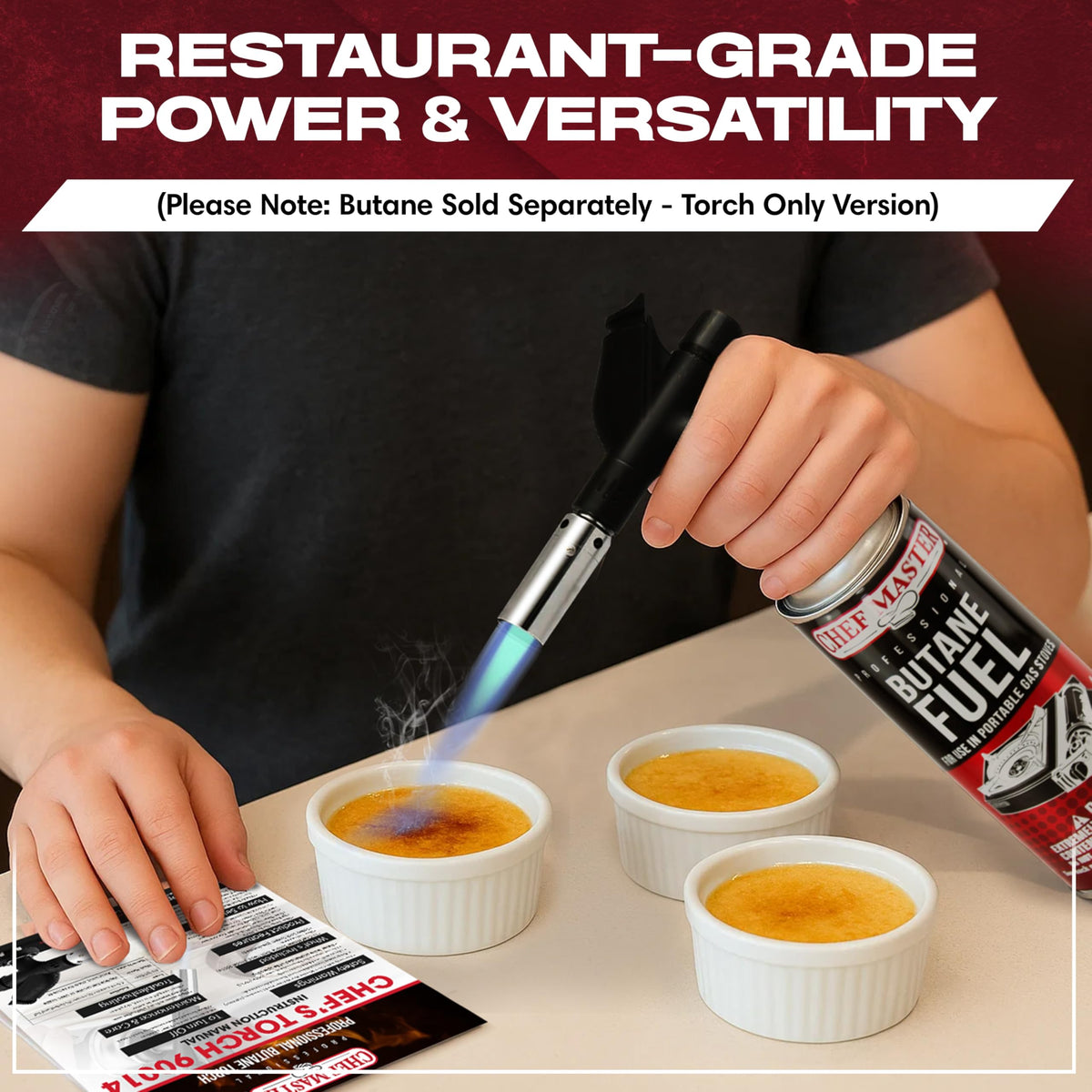 Chef Master dessert torch melting cheese for quick finishing touches