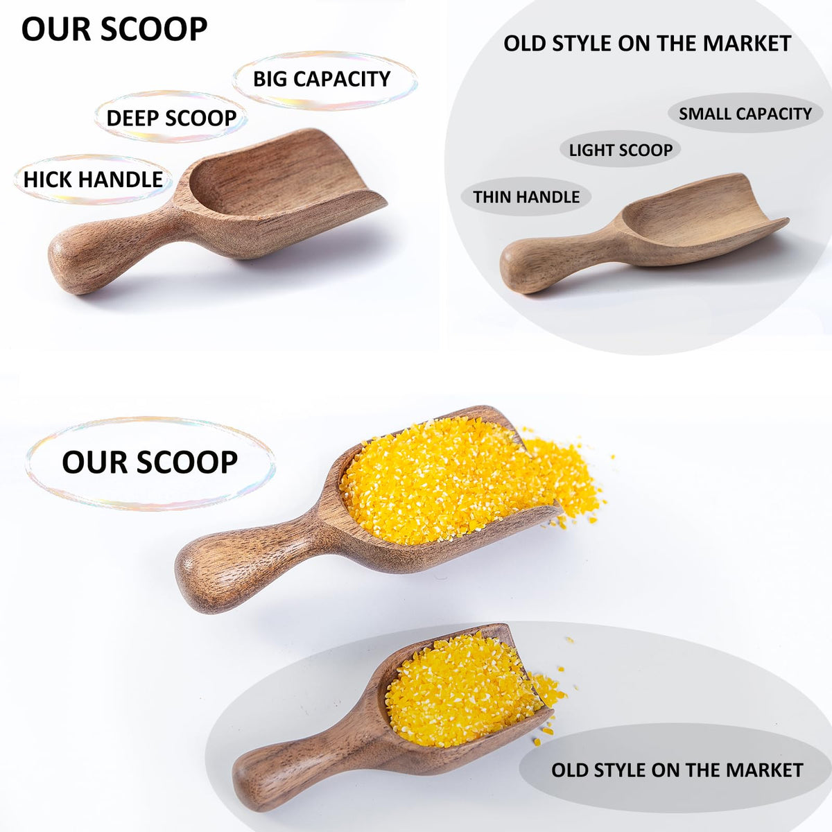 CHEF OLÉ multipurpose acacia scoop set for jars, coffee, and seasonings.