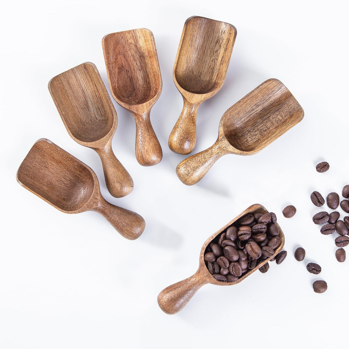 CHEF OLÉ wooden scoop for canisters set of six showing natural acacia grain and compact size