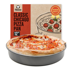 Chef Pomodoro Chicago Deep Dish Pan 12in shows an evenly browning outer crust for authentic depth.