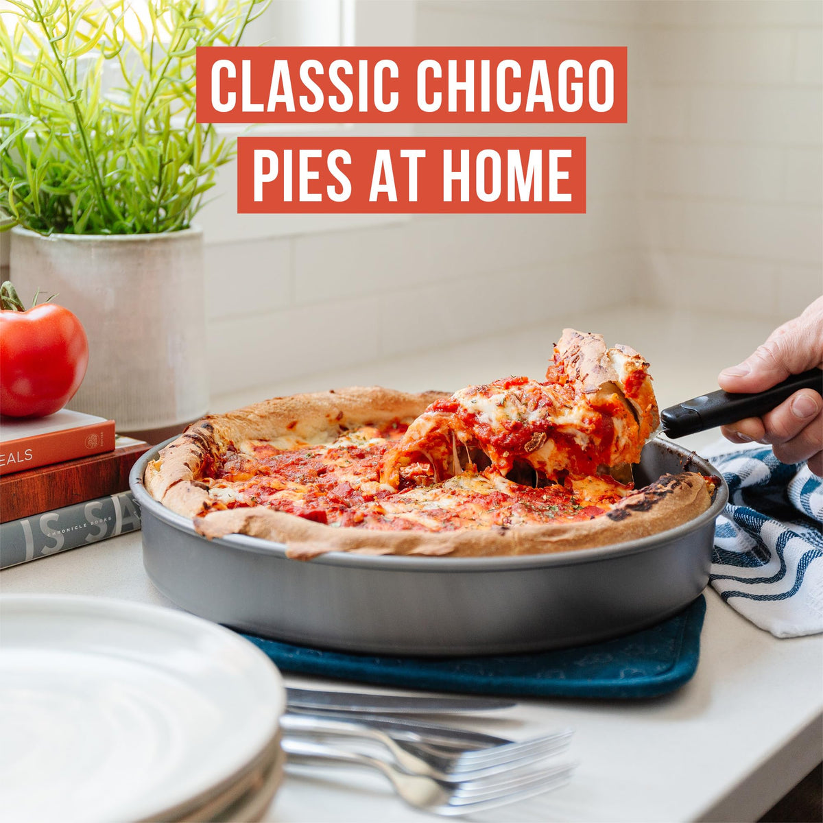 Chef Pomodoro Chicago Deep Dish Pan cheese-melt close-up shows even cheese distribution.