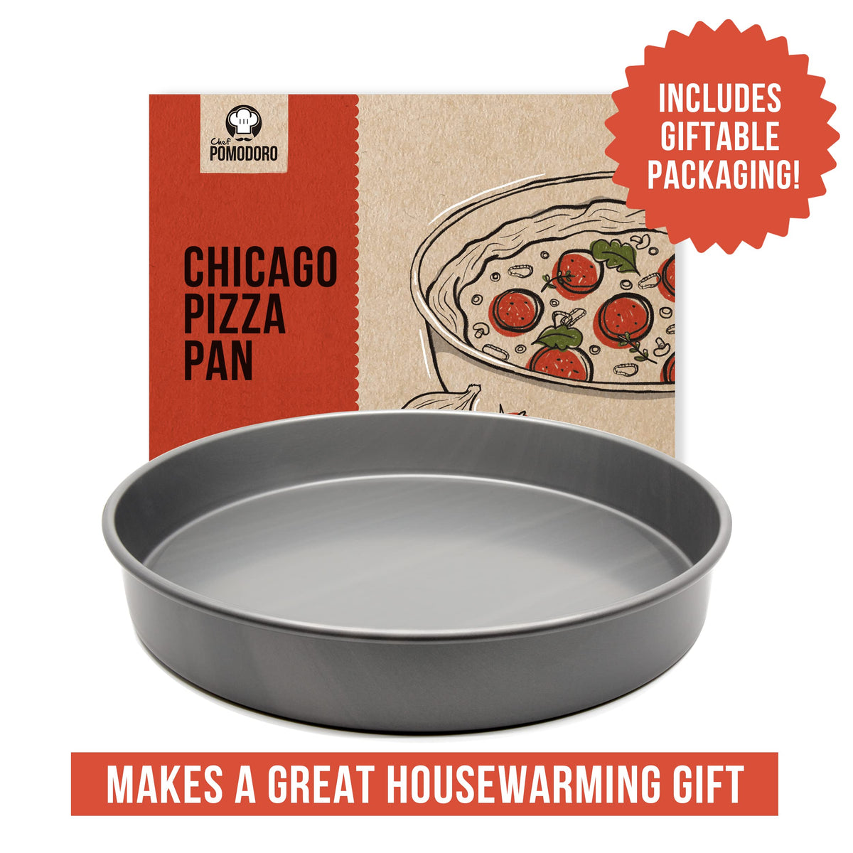 Chef Pomodoro Chicago Deep Dish Pan filled pizza view highlights generous toppings and crust integrity.