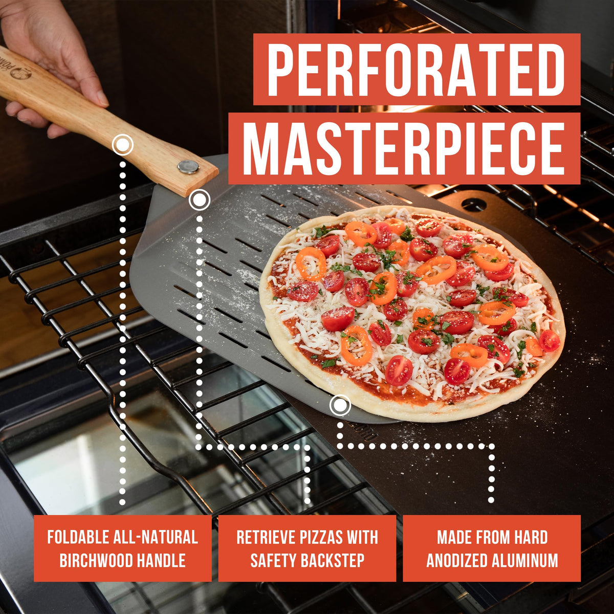 Chef Pomodoro extended 24-inch reach enables comfortable oven transfers.