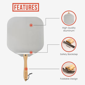 Chef Pomodoro pizza peel extended to 31 inches for comfortable reach.