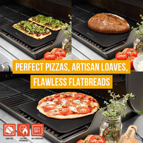 Chef Pomodoro baking steel with lifting holes makes safe, easy oven-to-table transfers.