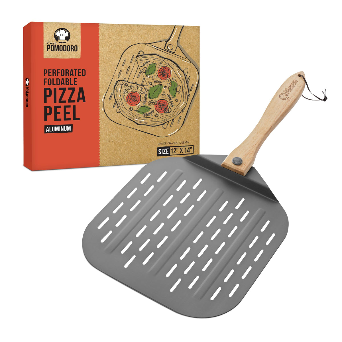 Chef Pomodoro perforated head pizza peel for easy dough release and crisp crusts.