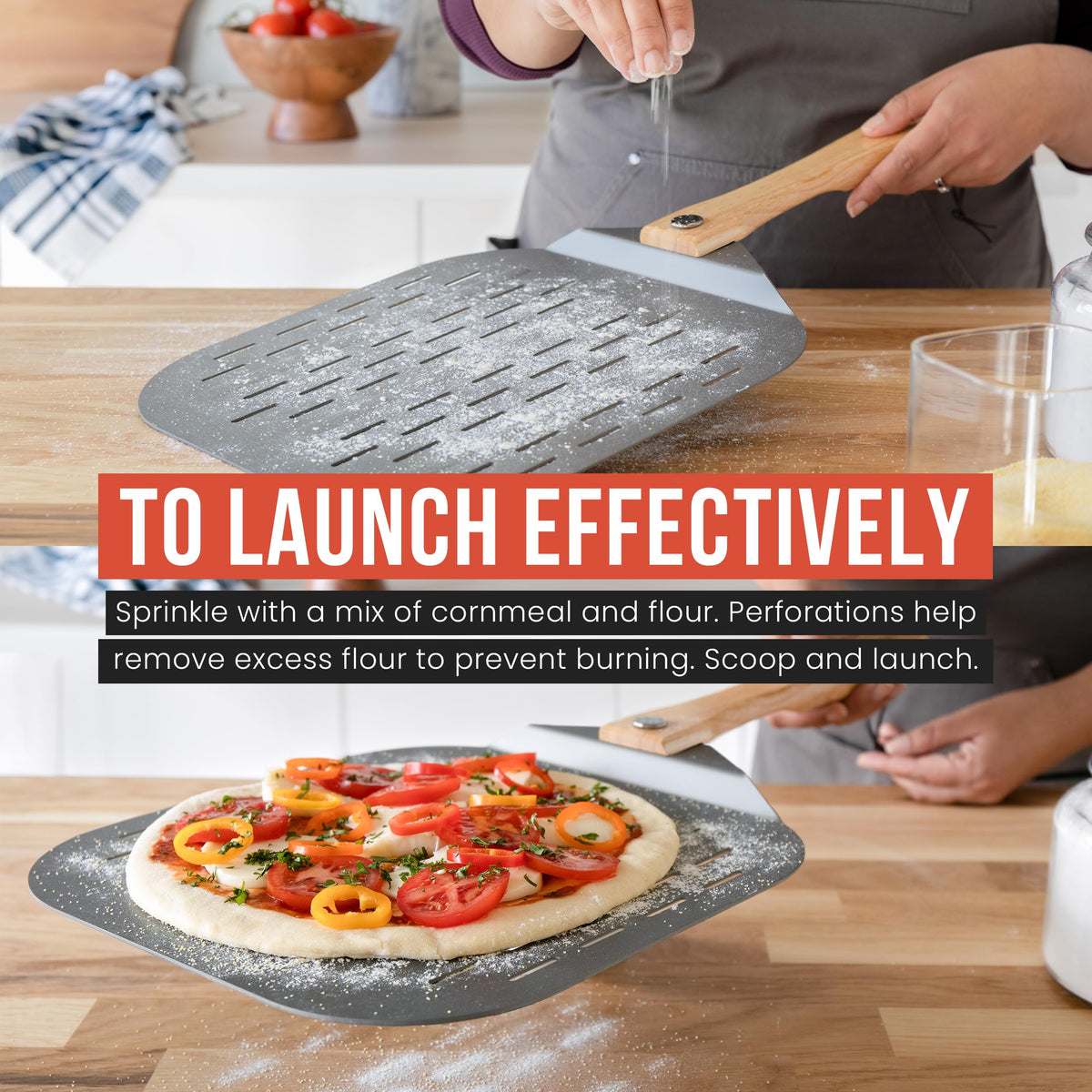 Chef Pomodoro perforated surface reduces friction during dough transfers.