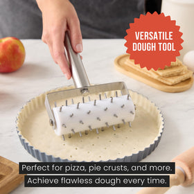 Chef Pomodoro pizza crust perforation docker helps prevent bubbles during baking.