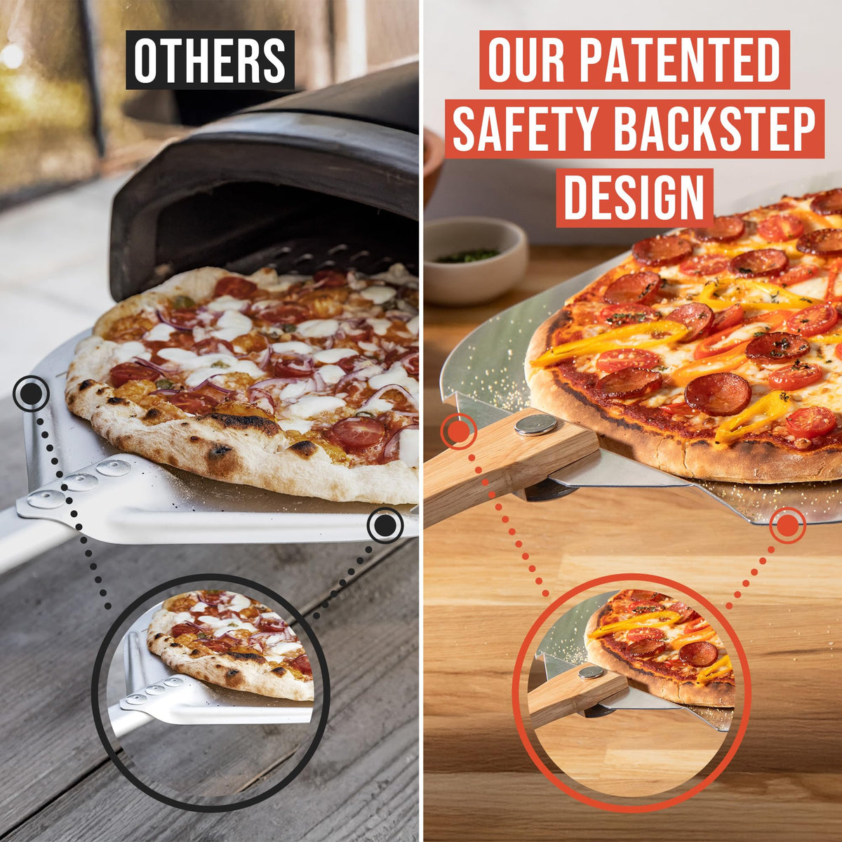 Chef Pomodoro safety backstep helps prevent pizza from sliding during transfer.