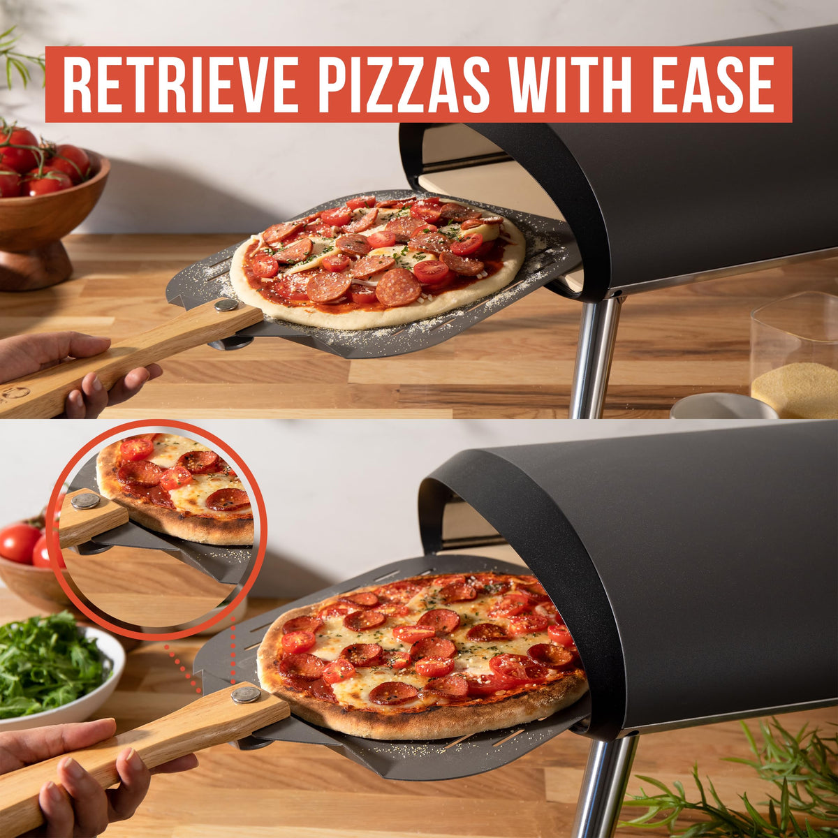 Chef Pomodoro safe oven transfer design supports pizzas and breads.