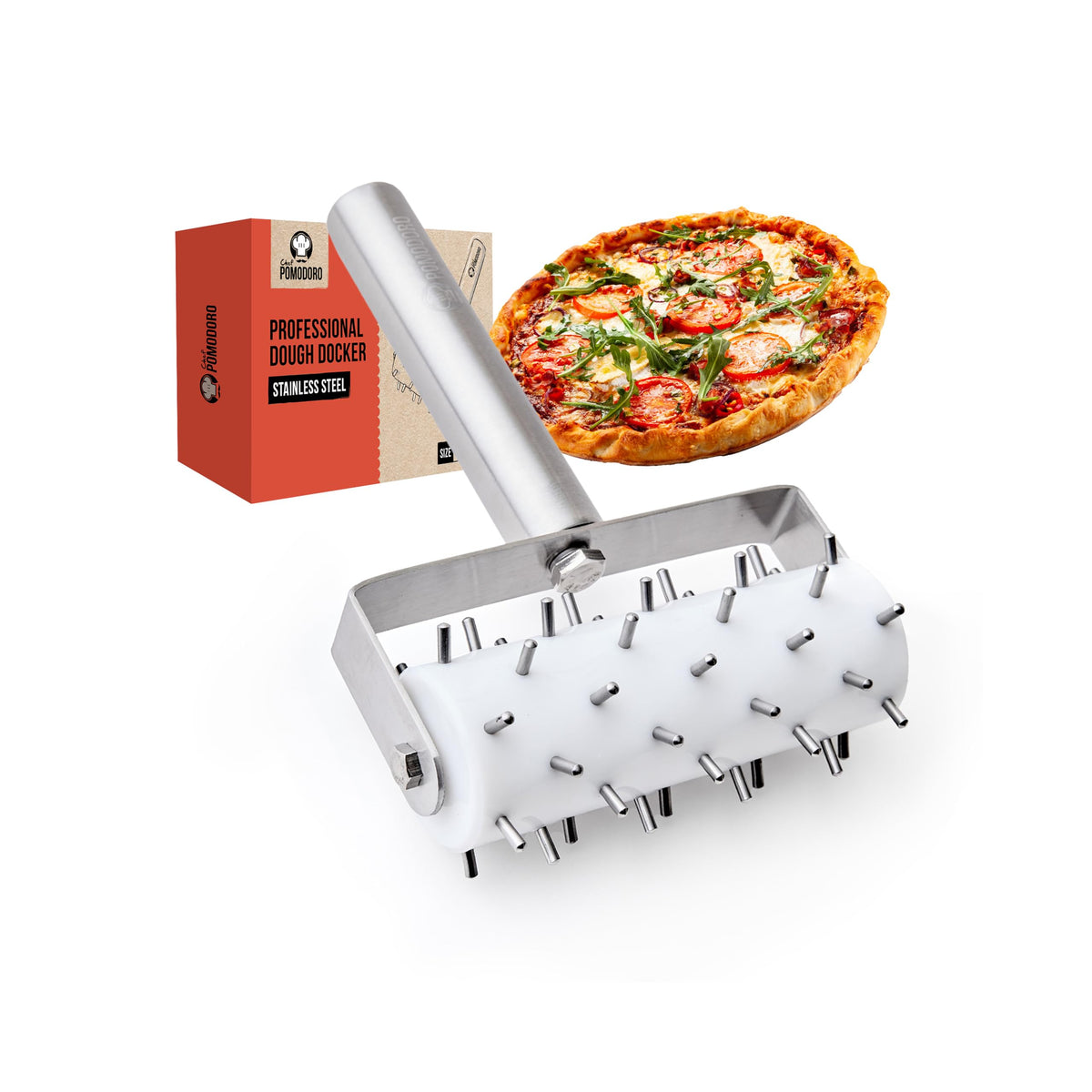 Chef Pomodoro stainless steel roller perforates dough for even crusts and crisp textures.
