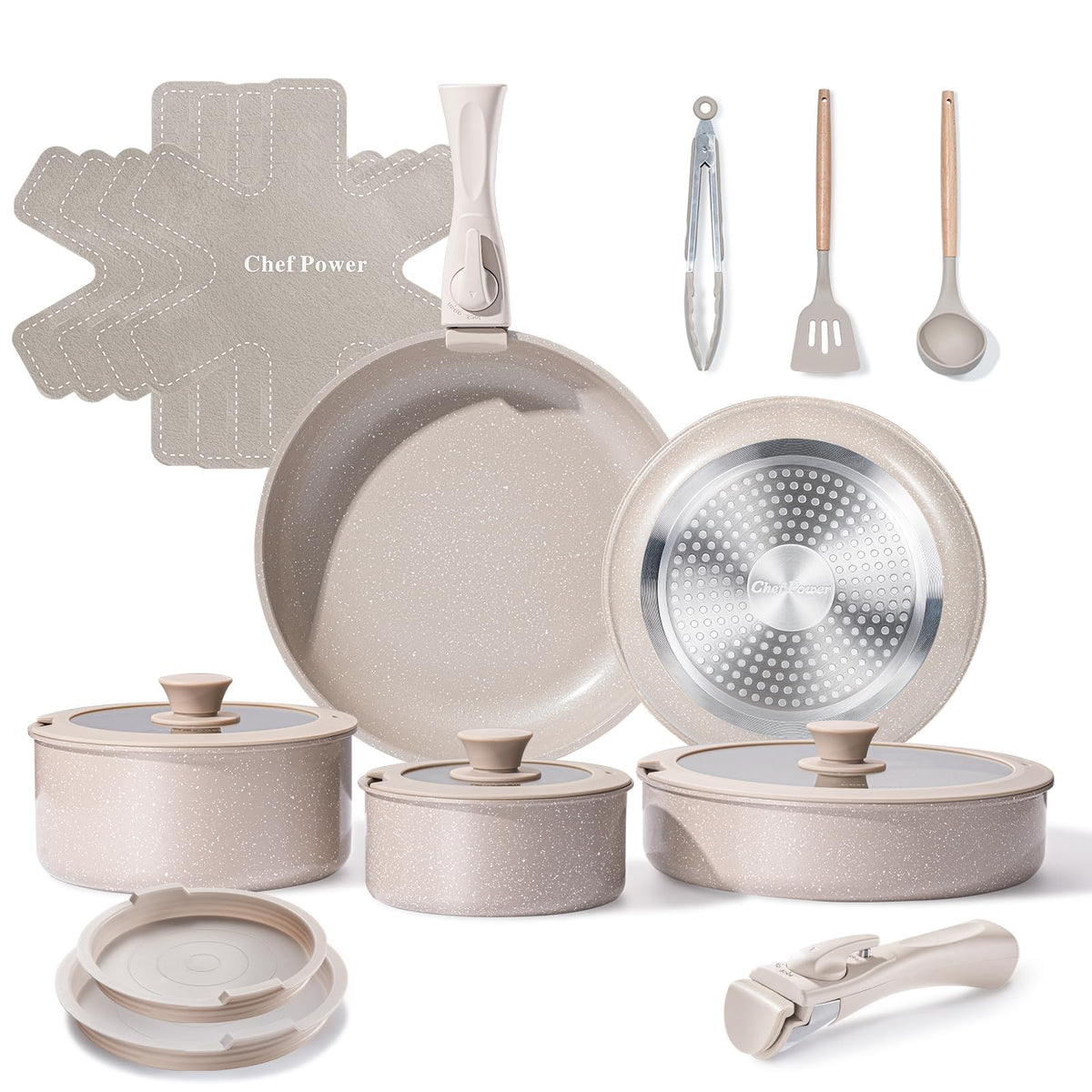 Chef Power 19-piece set with detachable handles for space saving.